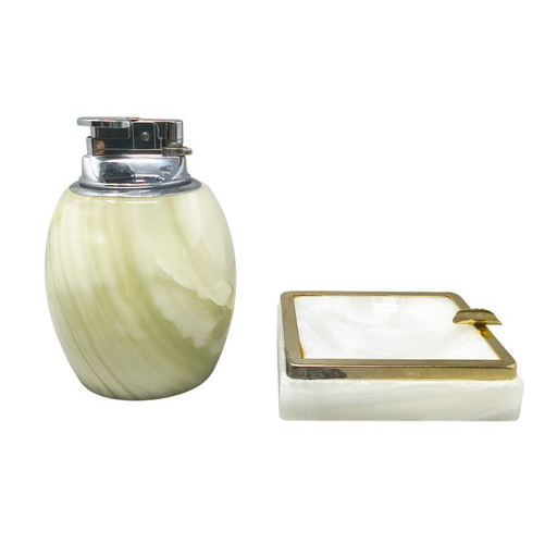 1960s Mid-Century Modern Italian Onyx Smoking Set With Table Lighter & Ashtray – decoratieve objecten, Stone