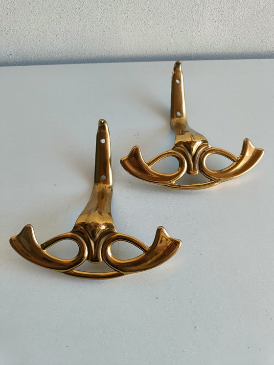 Image 1 of Pair of Mid-Century Modern Solid Brass Wall Coat Hooks – Sculptural Italian Design, 1950s–1960s