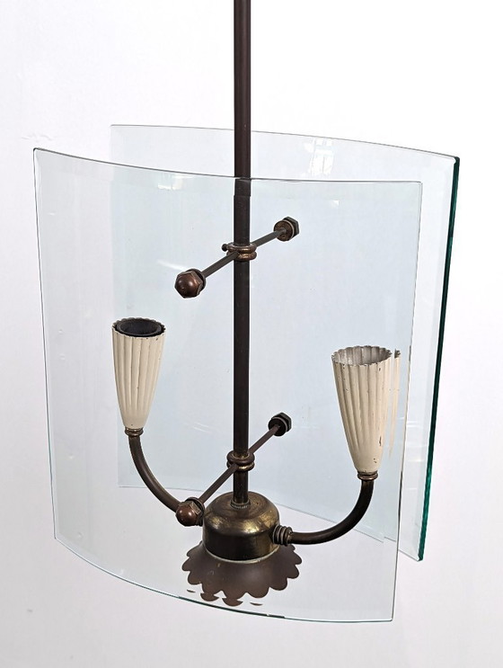 Image 1 of Lampada a sospensione in vetro curvato e ottone di Pietro Chiesa per Fontana Arte, anni '40