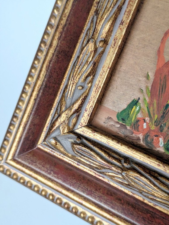 Image 1 of Vintage Still Life Oil Painting, Pottery Jar and Fruit, Florentine Frame