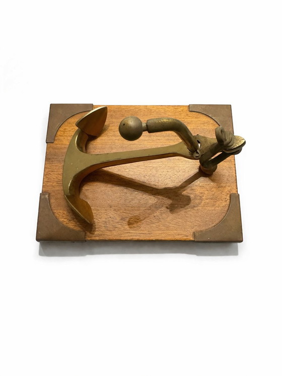 Image 1 of Vintage Mid-Century Brass Anchor Sculpture on Wooden Base - 1960s