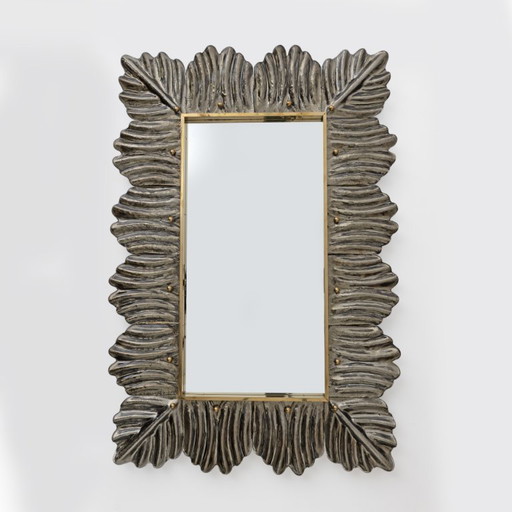 Mid-Century Modern Italian Brass and Leaves Murano Glass Wall Mirror