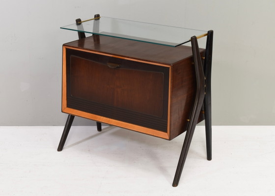 Meuble bar / Meuble à cocktails attribué à Vittorio Dassi - Italie, années 1950, Métal, Verre, Marron (photo 6 sur 16)