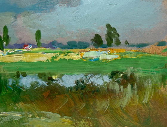 Image 1 of Origineel olieverfschilderij: Zomerlandschap, wandeling door de weilanden.