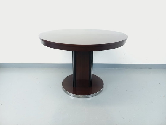 Image 1 of Table ronde de repas vintage en bois d’ébène et métal chromé style Space Age / Diner des années 70 avec rallonge intégrée