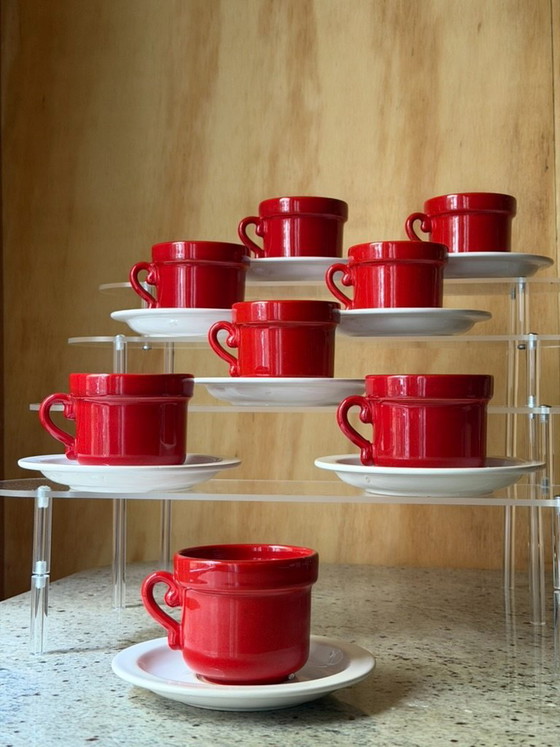 Vintage Huizen Holland Red Espresso Cups & Saucers Set | MCM Dutch Pottery MCM Kitchen Decor – Servies (photo 8 of 13)