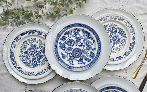 6 Assiettes Vintage Porcelaine Blanches Dorées + 6 Petites Assiettes Dépareillées Bleues Jacobean Ridgway