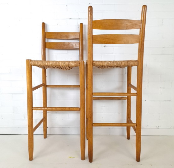 2x Vintage Barstools Minimalist Mid Century Modern 70s – Wicker, Wood (photo 4 of 10)