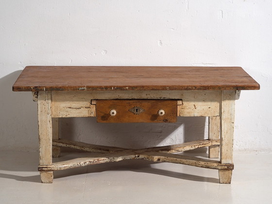 Antiker weißer niedriger Beistelltisch (ca. 1920), Esstische, Holz, Keramik (Foto 47 von 49)