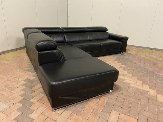 Image 1 of Black Real Leather Corner Sofa