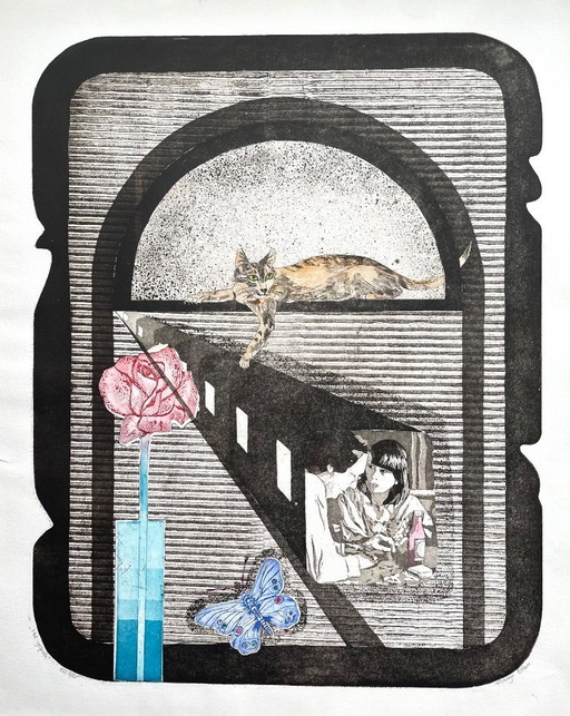 Das Gespräch. Farbradierung von Margo Ellen.