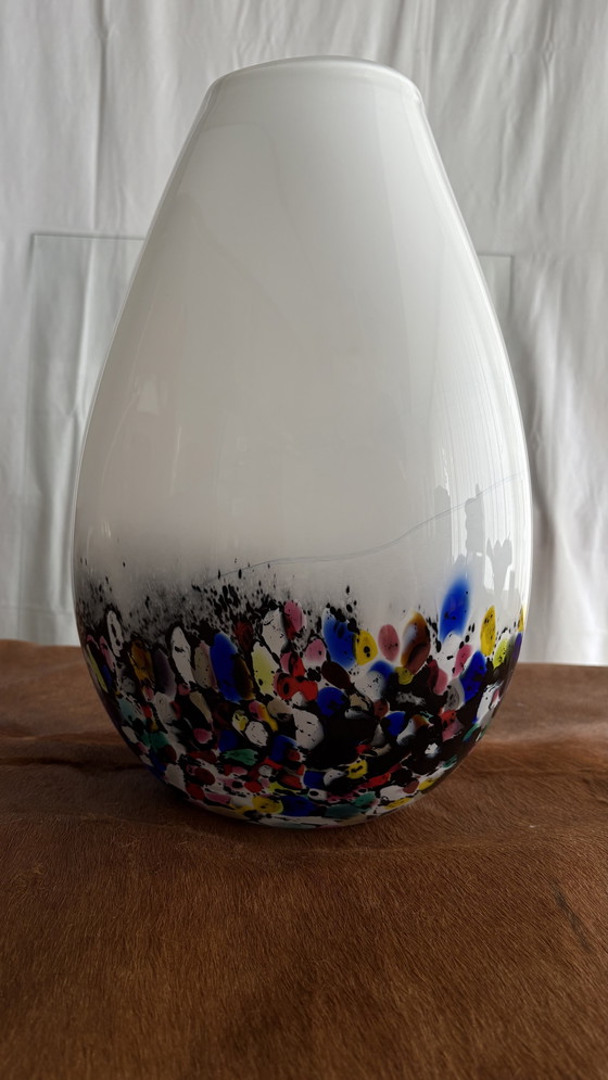Image 1 of Murano style milk glass vase with colorful confetti decoration