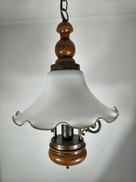 Image 1 of Lampada a sospensione vintage con paralume in vetro opalino, anni '70/'80