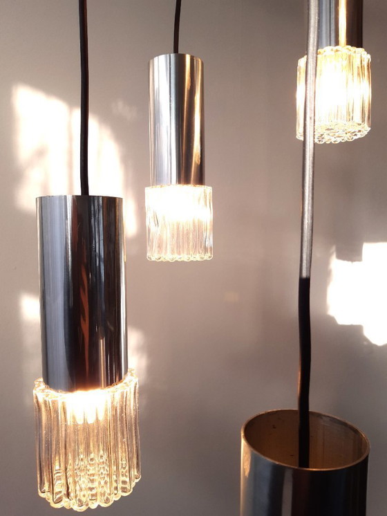 Image 1 of Vintage cascade pendant lamp with 5 transparent glass bubble glass cups, mcm glass chrome chandelier