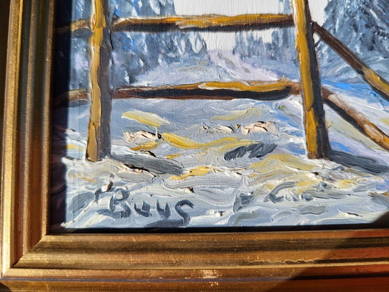 Rustikales Winterzaun & Kiefern Ölgemälde – Gemälde & Zeichnungen, Leinwand (photo 10 of 10)