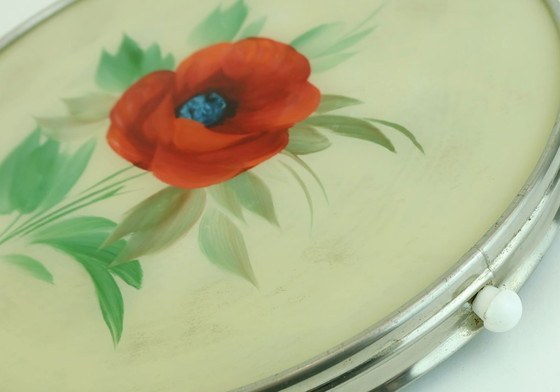 Image 1 of 1930s rotatable CAKE PLATTER glass chrome cake plate floral decor poppy decor