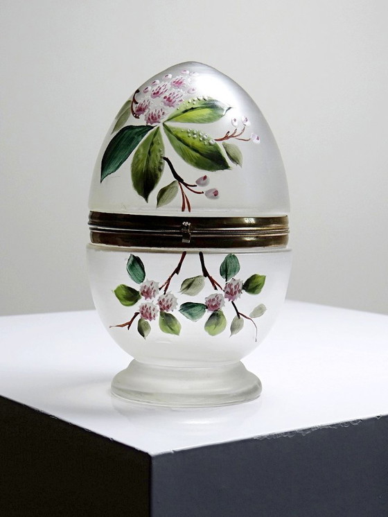 Image 1 of Boite oeuf verre givré émaillé et laiton ancien XIX-XXe