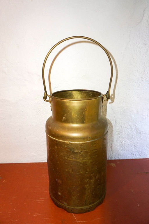 vintage brass milk can with handle * handmade metal churn jug * primitive country farmhouse decor * folk kitchen or garden vesse