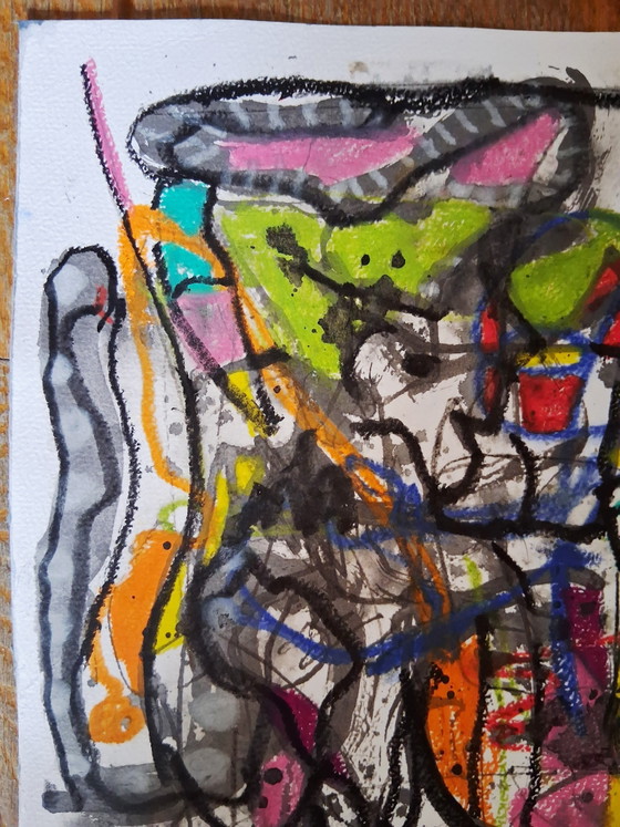 Image 1 of J'attrape un gros poisson, technique mixte avec encre et pastel à l'huile, art urbain