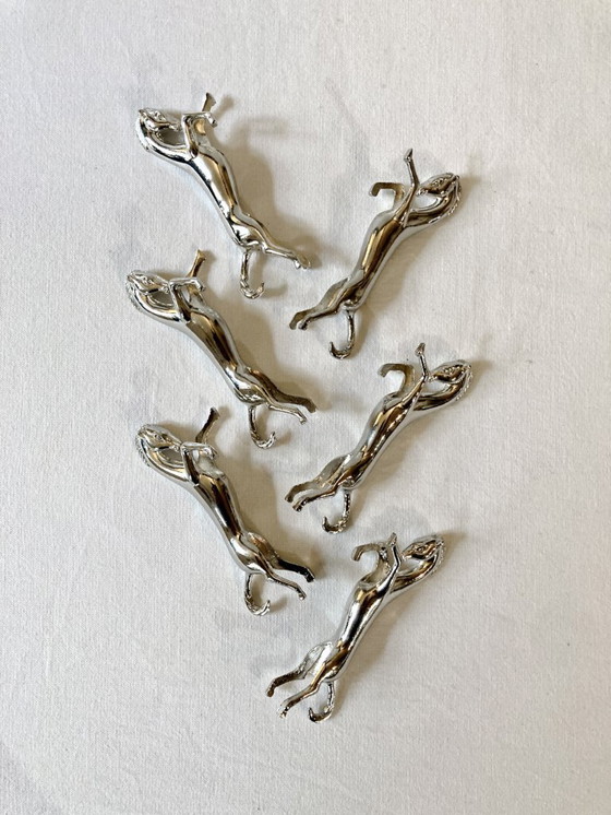 Image 1 of Zes verzilverde metalen messenhouders in de vorm van paarden. Jaren 60.