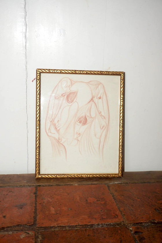 Image 1 of mid century surrealist drawing * psychedelic portrait sketch * framed modernist figure study * 1960s surreal art