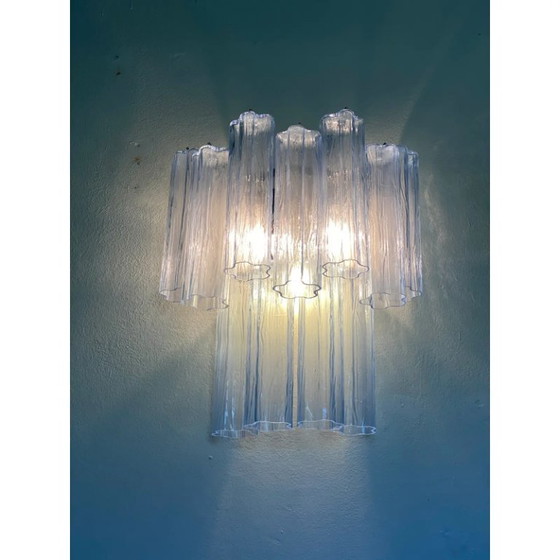 Image 1 of Coppia di applique da parete contemporanee in vetro Tronchi stile Murano azzurro chiaro.