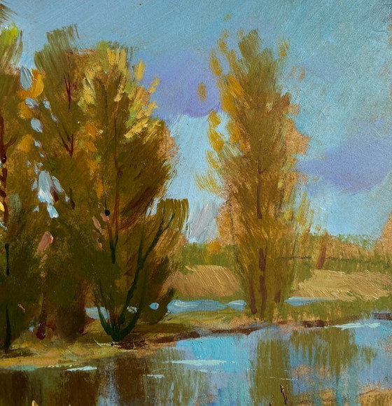 Image 1 of Origineel olieverfschilderij: Kustdorplandschap - Er stroomt een rivier vlakbij het dorp.