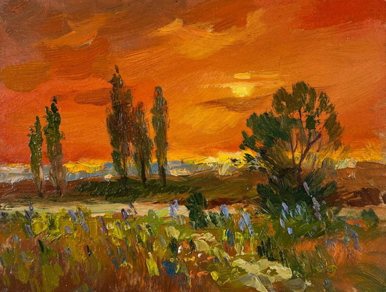 Image 1 of Original Oil Painting Sunset Field Landscape Evening Moment