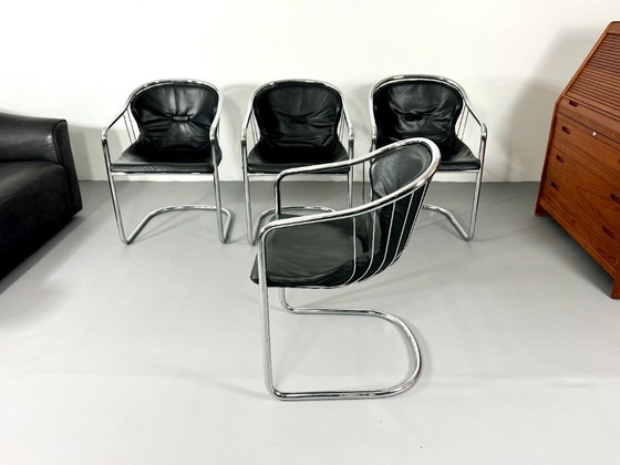 Quatre Chaises Cantilever, Noires, Fasem, Chaises de salle à manger, Cuir, Chrome, Vintage (photo 11 sur 11)