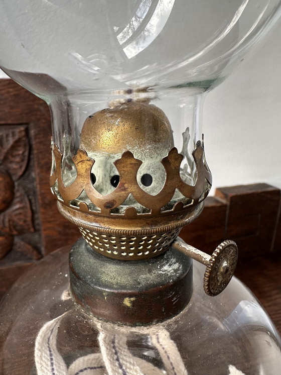 Image 1 of Vintage Oil Lamp with Glass Chimney and Brass Burner – Timeless Domestic Light