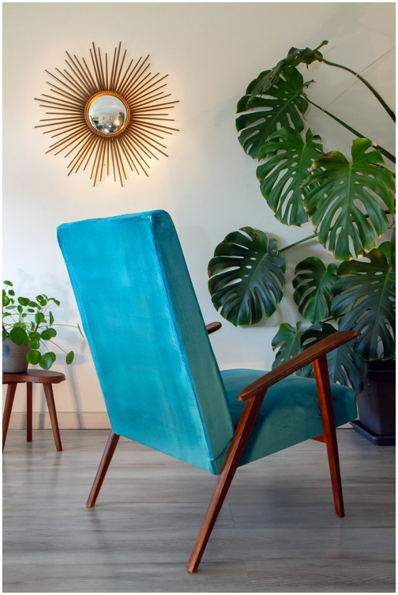 Poltrona scandinava in velluto blu anatra, anni '50-'60 – Poltrone (photo 2 of 7)
