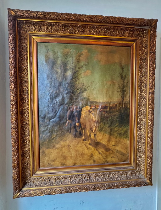 Zeer groot olieverf schilderij M.Vlamings, Landschap met runderen 