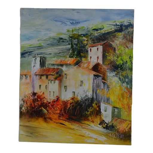 Ölgemälde von Agnes Michelin im impressionistischen Stil, spätes 20. Jahrhundert, "Dorf in Burgund, bei Beaune"