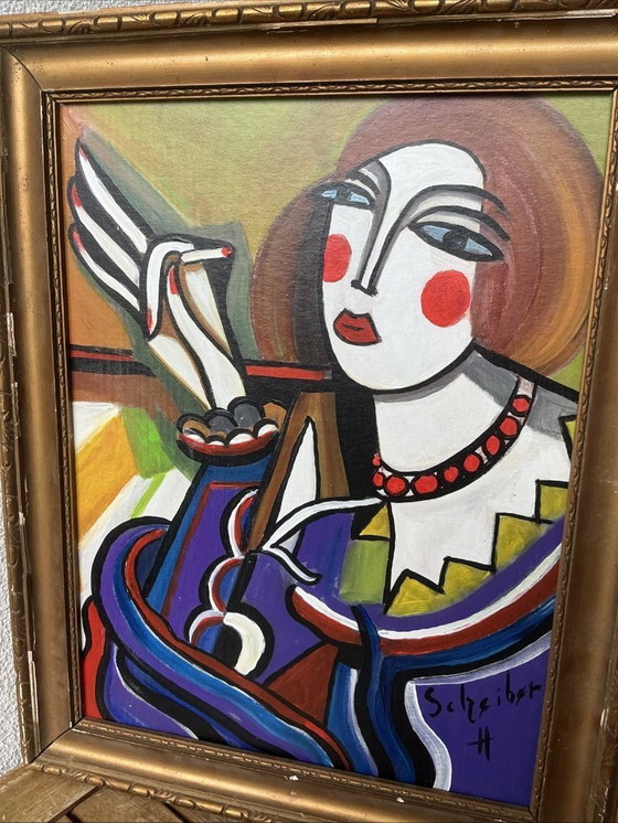 Image 1 of VINTAGE Portrait de style Hugó Scheiber | EXPRESSIONNISTE Cubisme Femme Peinture à l'huile Signée SCHREIBER H