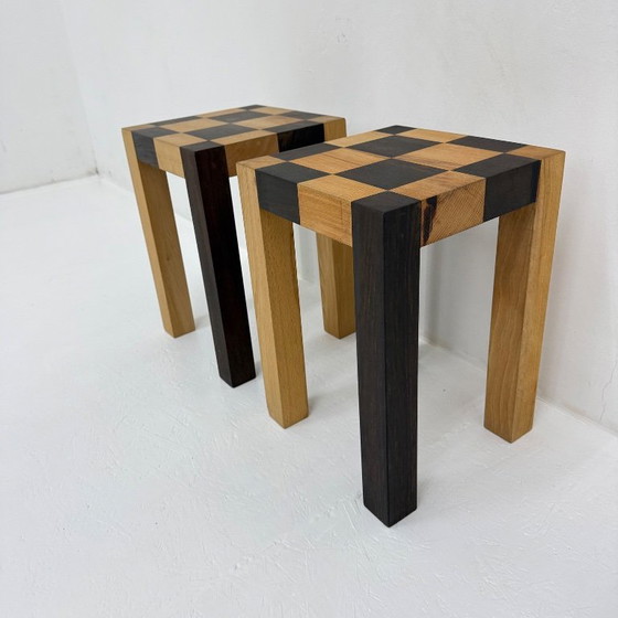 Image 1 of Set of 2 vintage wooden side tables, brown and light wood