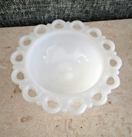 Image 1 of Vintage Milk Glass Bowl on Foot - Openwork Rim - Fenton/Westmoreland Style
