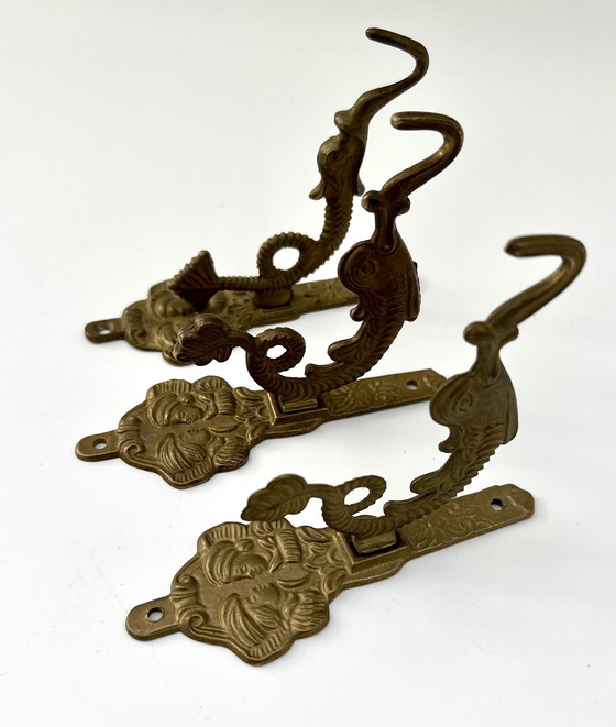 Image 1 of Set of 3 antique wall hooks – brass – Asian/Oriental inspired – circa 1950