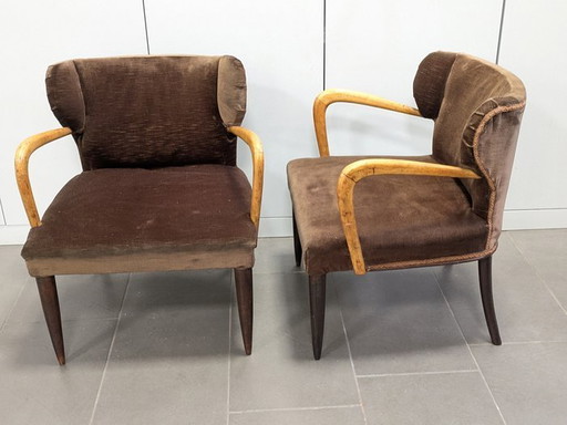 Paire de fauteuils, années 1940, bois, tissu