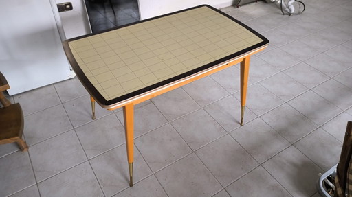 Mid-Century Crank Table / Dining Table – 1960s – Checkered Design & Brass Legs