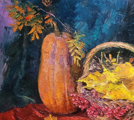 Original Oil Painting Autumn Harvest Still Life with Pumpkin – Paintings & Drawings, Canvas (photo 4 of 7)