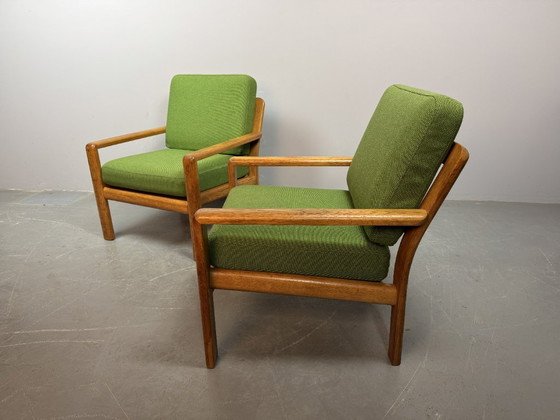 Image 1 of Mid-Century Design Set of Lounge Chairs in Solid Light Oak and Fresh Green Fabric Upholstery Attributed to Juul Kristensen