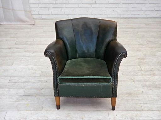 1960er Jahre, dänischer Sessel, Möbelleder mit Patina, Möbelvelours.