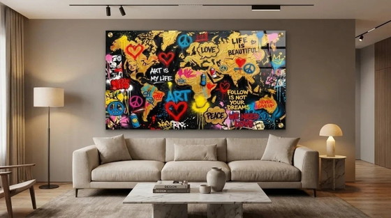 Mappa del mondo di lusso stampata su vetro acrilico – Banksy Street Art versione XXL 200 × 110 cm (photo 4 of 8)