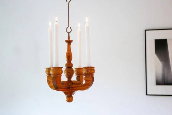 Image 1 of Bougeoir lustre suspendu rustique en bois de Smålandsslöjd, Suède, 1975