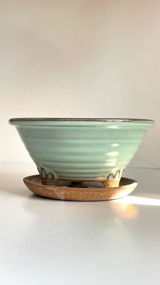 Image 1 of Vintage keramische driepoot pot en schotel