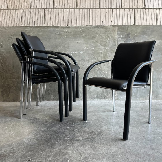 Image 1 of Set of 4 Leolux Cimarrone dining chairs – black leather & chrome