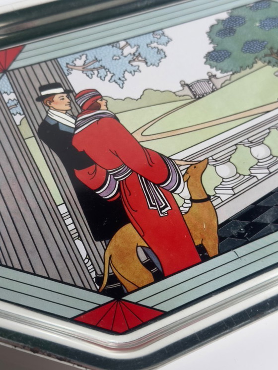 Image 1 of Vintage Avon bowl, Art Deco illustration, metal plate, 1980s