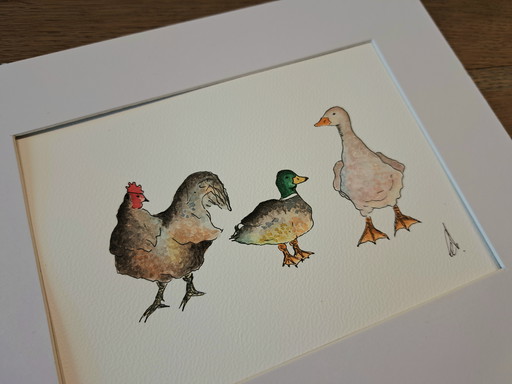 Watercolor painting farm birds in frame