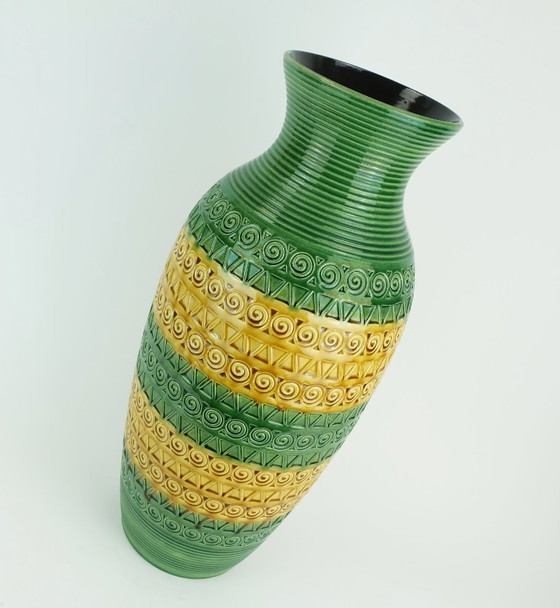 Image 1 of west german 1960s mid century VASE floorvase ü-keramik green ochre relief pattern model 1142-50