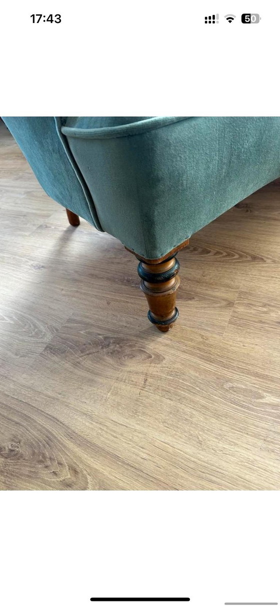 Image 1 of Classic green sofa with wooden legs vintage